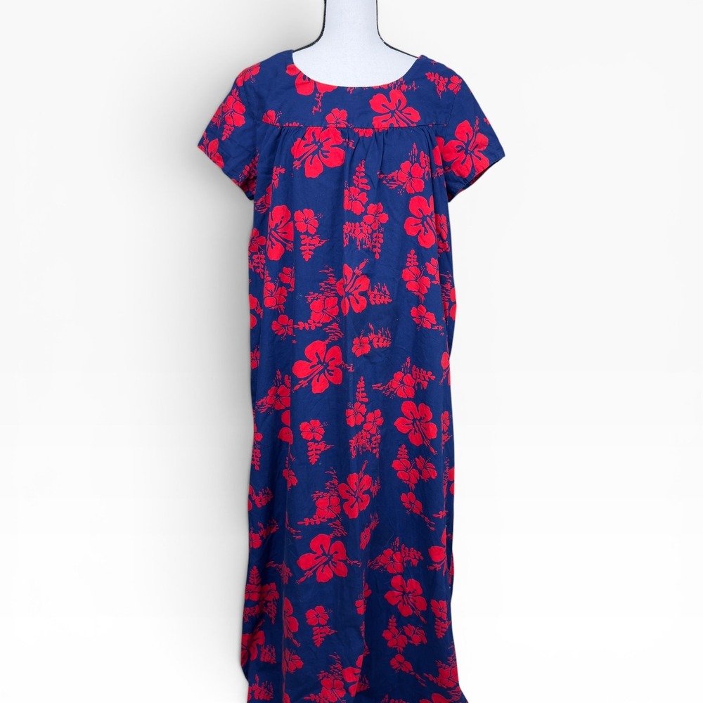 Ui-Maikai Vintage 60s Hawaiian Dress Muumuu L/XL Blue Red Hibiscus Cotton Aloha